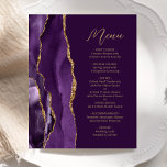 Budget Lila Gold Agate Script Plum Wedding Menu<br><div class="desc">Die links Seite dieses eleganten,  modernen Hochzeitsmenüs besticht durch ein lila Aquarelldesign mit vergoldetem Imitat-Glitzer. Der anpassbare Text kombiniert goldfarbenes Handschriftzeichen und sans Serif-Schriftart auf einem Pflaumenhintergrund. Das lila und goldene Agerat-Design wird auf der Rückseite wiederholt.</div>