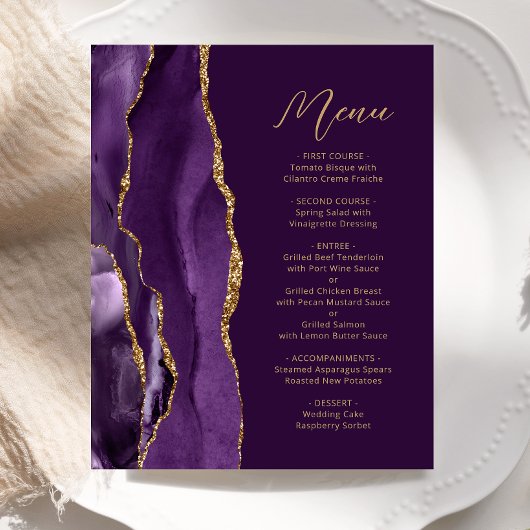 Budget Lila Gold Agate Script Plum Wedding Menu
