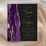 Budget Lila Gold Agate Trendy Wedding Einladung<br><div class="desc">Der links Rand dieser eleganten,  modernen Hochzeitseinladung zeichnet sich durch eine lila Aquarellgrenze aus,  die mit Imitaten mit goldenem Glitzer bestickt wurde. Der anpassbare Text kombiniert modische,  goldfarbene Skripte mit serifenlosen Schriftart auf schwarzem Hintergrund. Auf der Rückseite ist ein lila und goldenes Design zu sehen.</div>