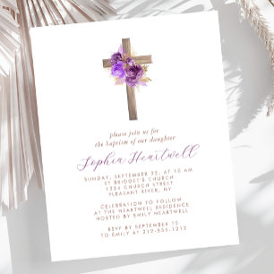 Budget Lila Gold Blumen Kreuz Tauf Einladung