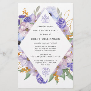 Budget Lila Gold Floral 16 . Geburtstag Einladung