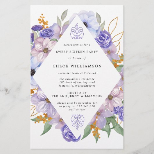 Budget Lila Gold Floral 16 . Geburtstag Einladung (Vorderseite)