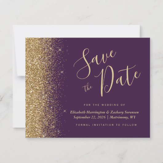 Budget Lila Gold Glitzer Save the Date (Vorderseite)