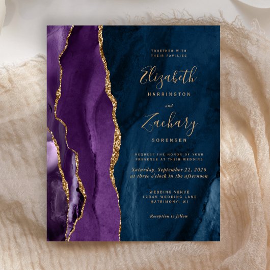 Budget Lila Gold Navy Blue Agate Hochzeit Einladun