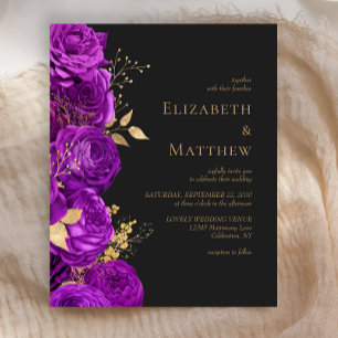 Budget lila goldene dunkle Blumen-Hochzeitseinladu