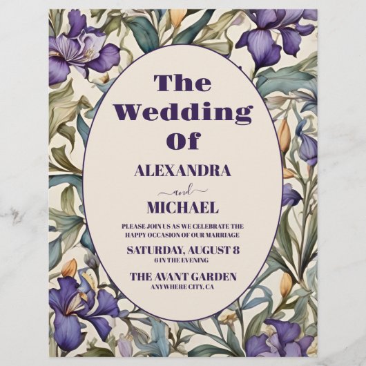 Budget Lila Iris Art Nouveau Wedding Flyer (Vorne)