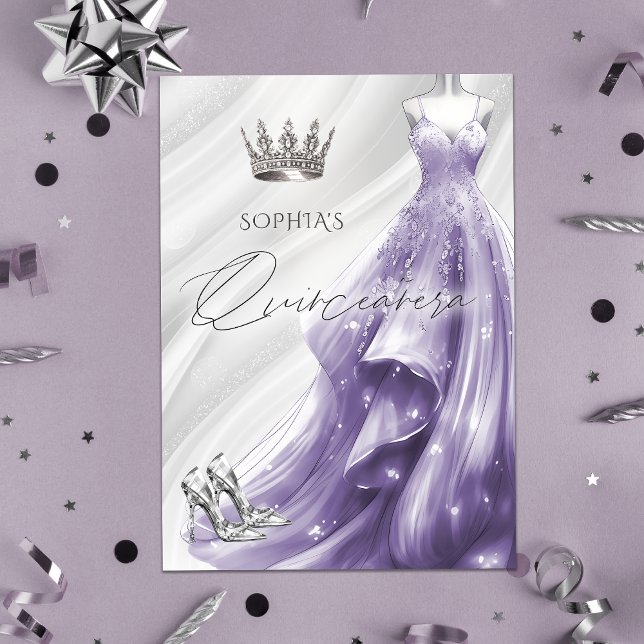 Budget Lila Kleid Quinceañera Einladung (Budget Silver Purple Sparkle Dress Quinceañera Invitation)