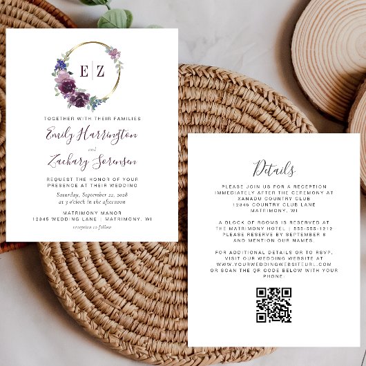 Budget Lila Kranz Monogramm QR-Code Hochzeit