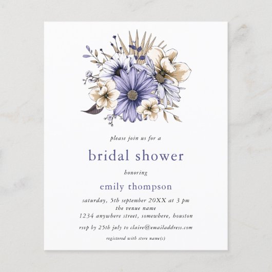 Budget Lila Lilac Florals Brautparty Einladung (Vorderseite)