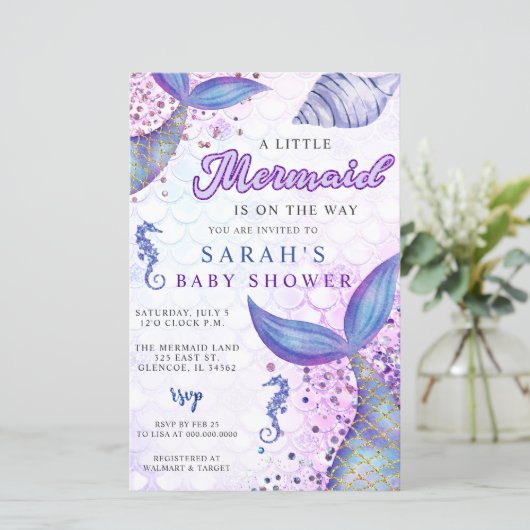 Budget Lila Mermaid Kinderdusche Einladung (Stehend Vorderseite)