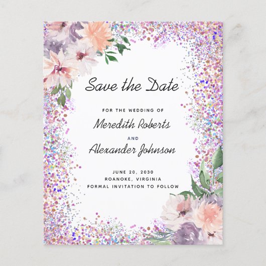 Budget Lila Peach Floral Glitzer Save the Date (Vorderseite)