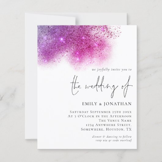 Budget Lila PInk Sparkle QR Code Wedding Einladung (Vorderseite)