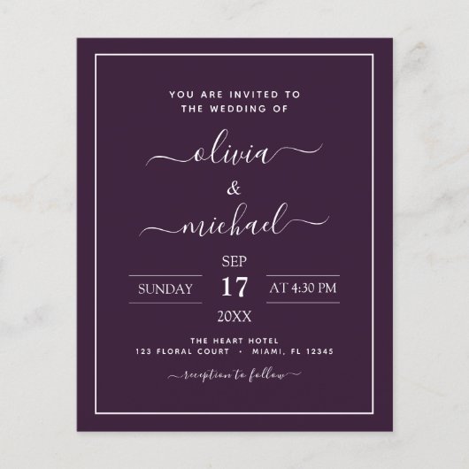 Budget Lila Plum Wedding Moderner Typografie Flyer (Vorne)