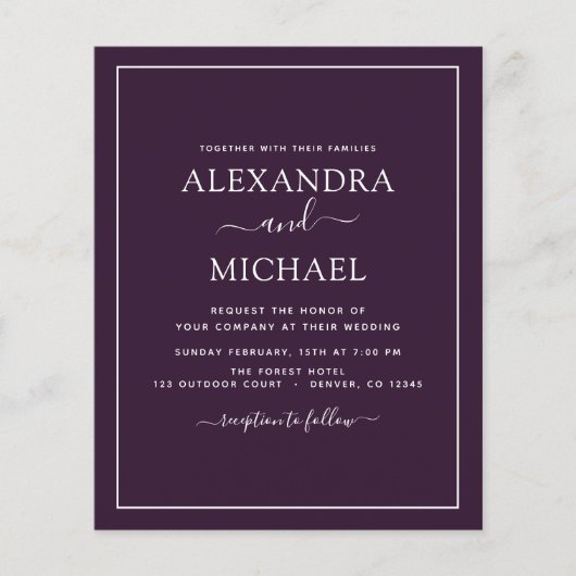 Budget Lila Plum Wedding Moderner Typografie Flyer (Vorne)