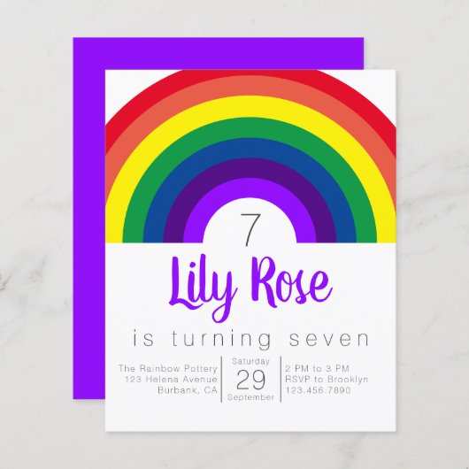 Budget Lila Rainbow Birthday Party Einladung (Vorne/Hinten)