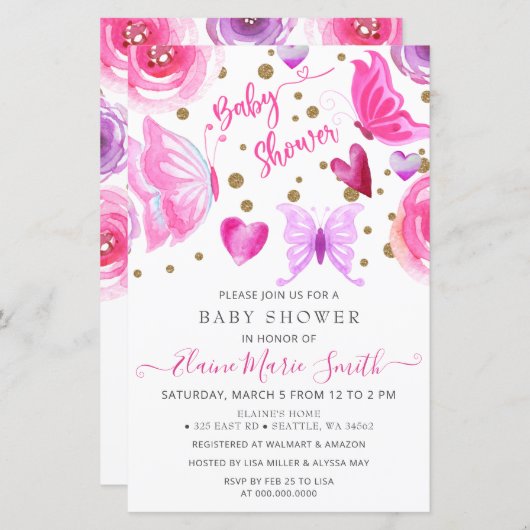 Budget Lila Schmetterlinge Kinderdusche Einladung (Vorne/Hinten)