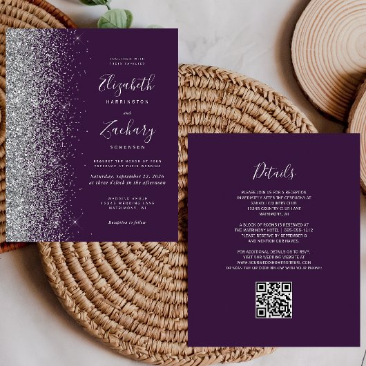 Budget Lila Silber Glitter QR Code Hochzeit