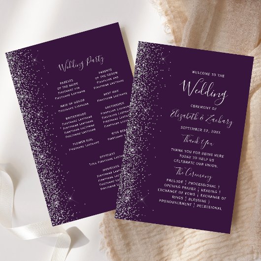 Budget Lila Silber Glitter-Rand Hochzeitsprogramm