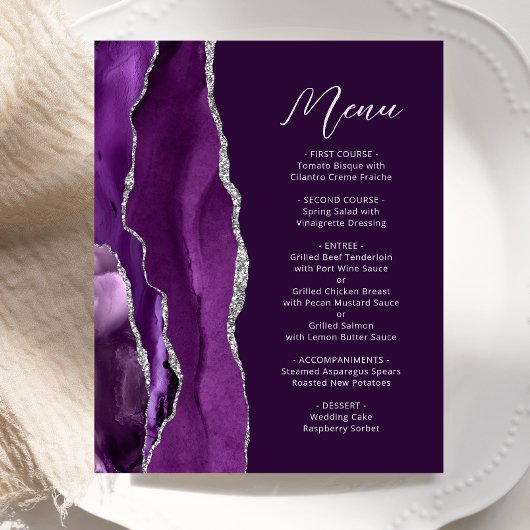 Budget Lila Silver Agate Plum Wedding Menu