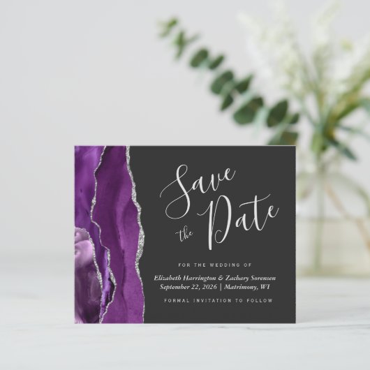 Budget Lila Silver Agate Wedding Save the Date (Stehend Vorderseite)