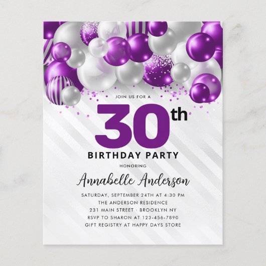 Budget Lila Silver Balloon Glitzer 30. Geburtstag (Vorderseite)