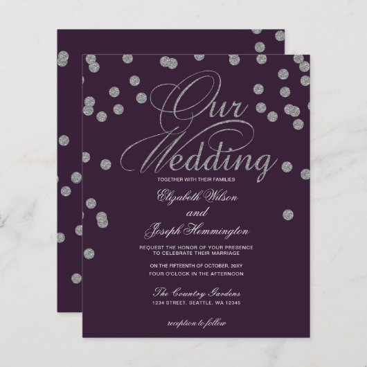 Budget Lila Silver Confetti Hochzeit Einladung (Vorne/Hinten)