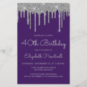 Budget Lila Silver Glitzer 40. Geburtstag Einladun (Vorderseite)