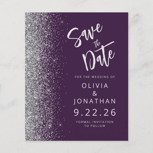 Budget Lila Silver Script Glitzer Save the Date (Vorderseite)