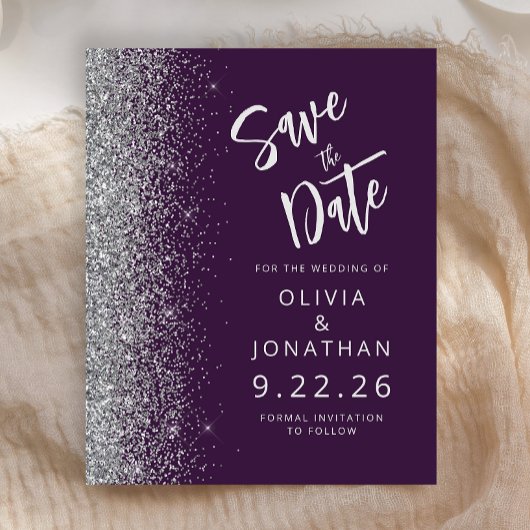 Budget Lila Silver Script Glitzer Save the Date