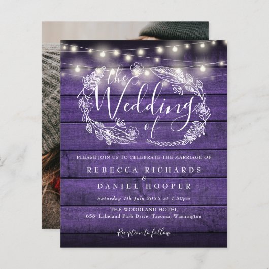 Budget Lila String Light Foto Wedding Einladung (Vorne/Hinten)