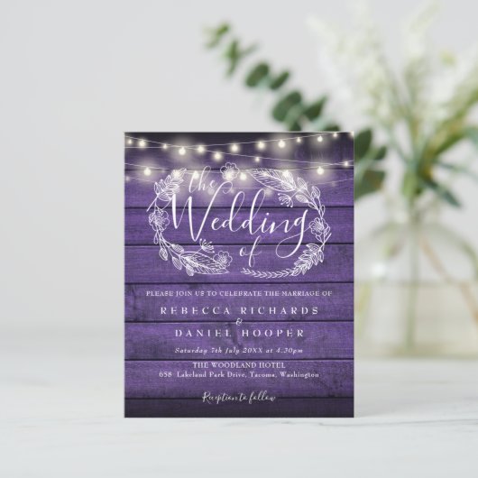Budget Lila String Light Foto Wedding Einladung (Stehend Vorderseite)
