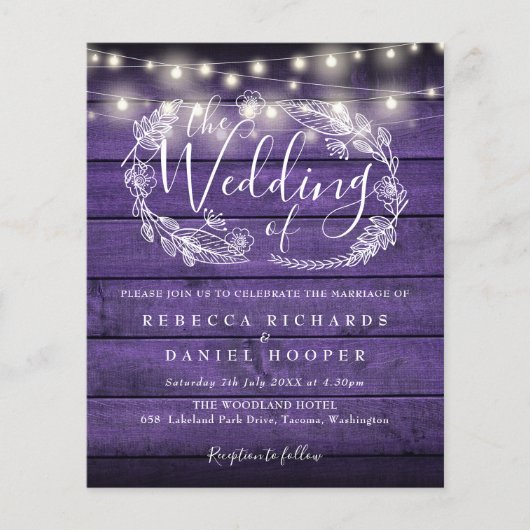 Budget Lila String Light Foto Wedding Einladung (Vorderseite)