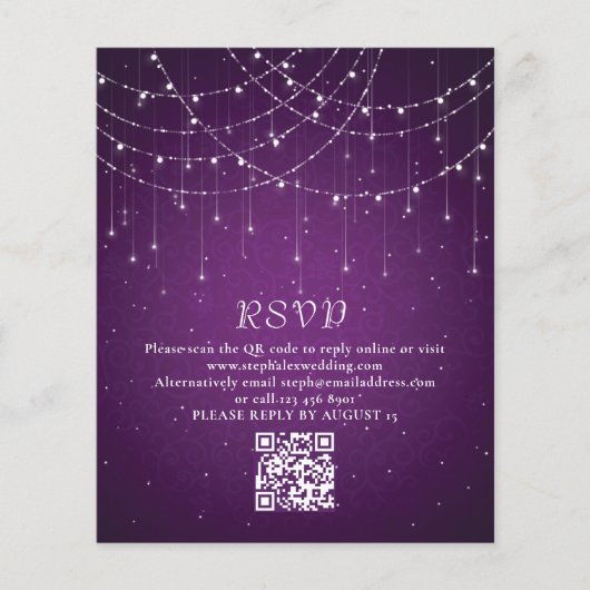 Budget Lila String Lights QR Code Wedding RSVP (Vorderseite)