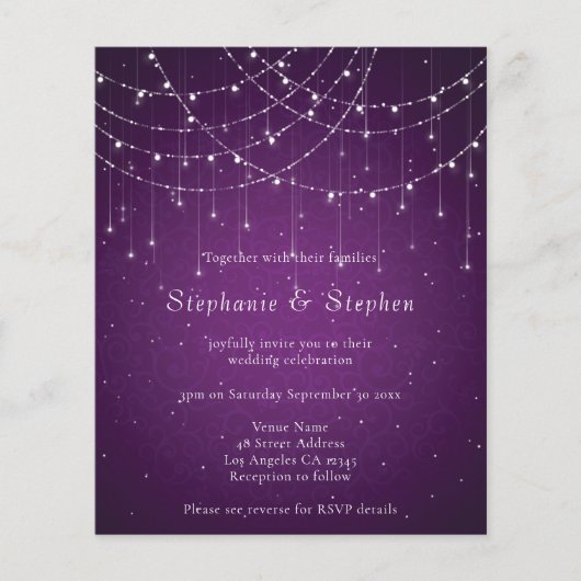 Budget Lila String Lights QR Code Wedite Einladung (Vorderseite)