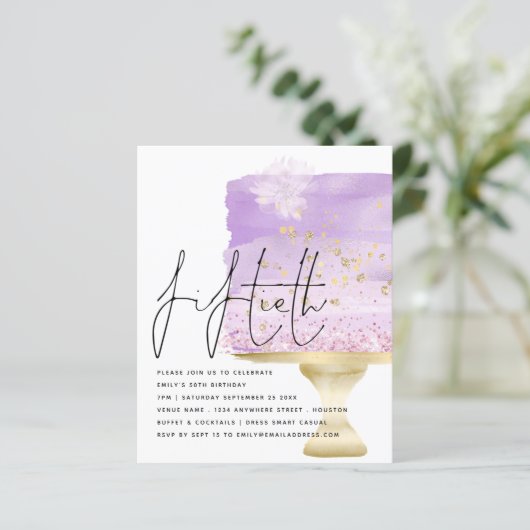 Budget Lilac Birthday Cake 50. Party Einladung (Stehend Vorderseite)