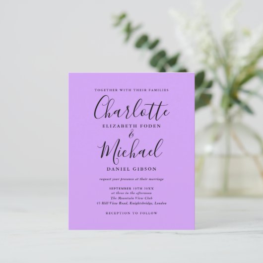Budget Lilac Script Foto Wedding Einladung (Stehend Vorderseite)
