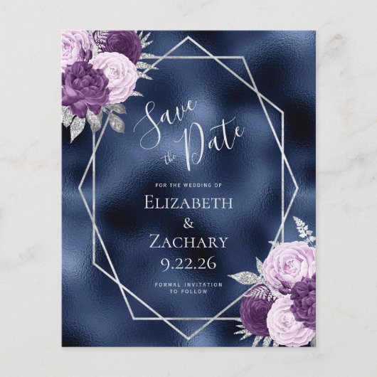 Budget Lilac Silver Floral Navy Save the Date (Vorderseite)