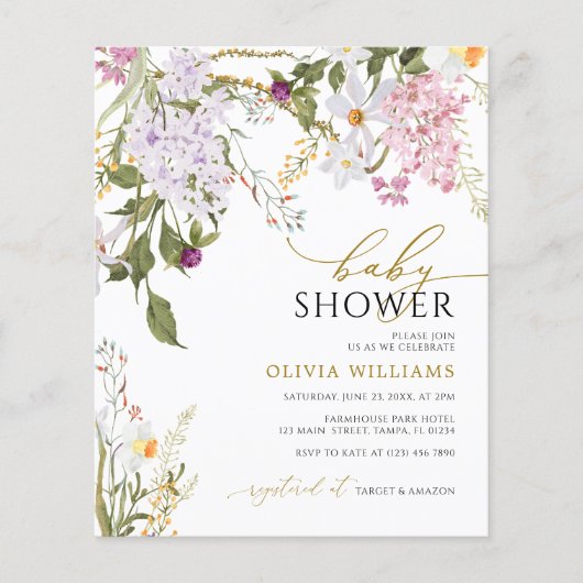 Budget Lilac Wildblumen Kinderdusche Einladung (Vorderseite)