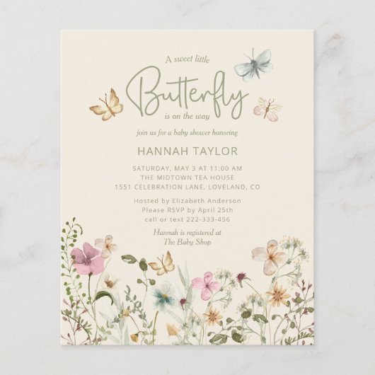 Budget Little Butterfly Girl Babydusche Einladung (Vorderseite)