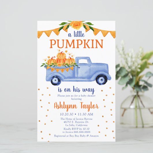 Budget Little Pumpkin Baby Dusche Einladung (Stehend Vorderseite)