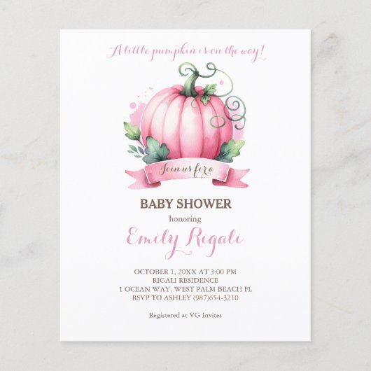 Budget Little Pumpkin Baby Shower Invitation Girl Flyer (Vorne)