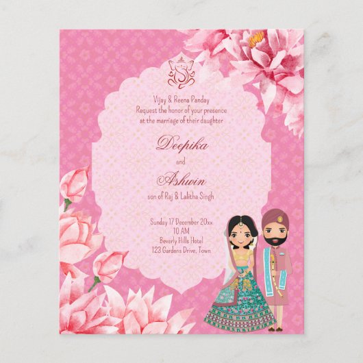 Budget Lotus Blume indisches Brautpaar einladen (Vorderseite)