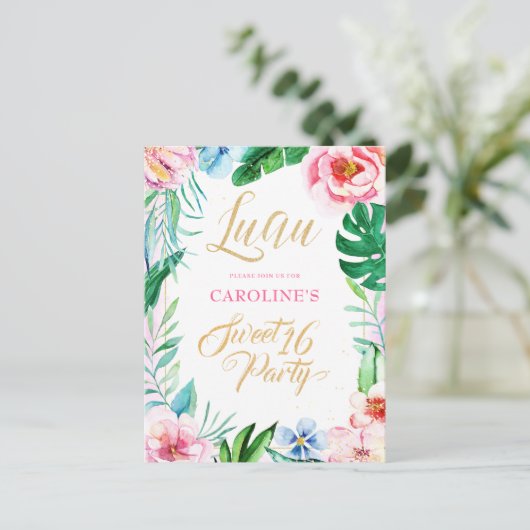 Budget Luau Tropical Floral Hawaiian Sweet 16 Einladungspostkarte (Stehend Vorderseite)