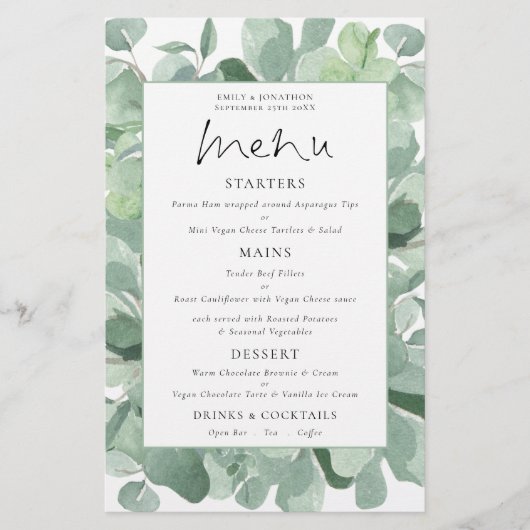 Budget Lush Eukalyptus Frame Wedding Menu (Vorderseite)