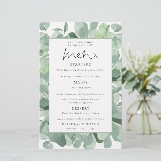 Budget Lush Eukalyptus Frame Wedding Menu (Stehend Vorderseite)