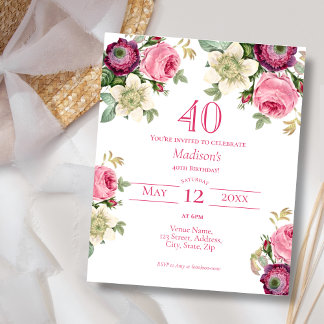 Budget Magenta Floral 40. Geburtstag Einladung