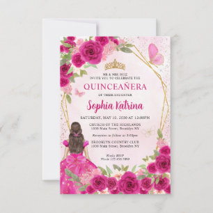Budget Magenta Gold Floral Prinzessin Quinceañera Mitteilungskarte