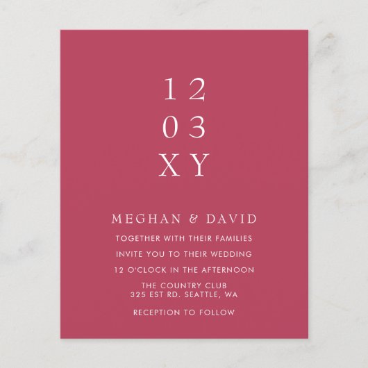 Budget Magenta Moderne Hochzeitseinladung (Vorderseite)