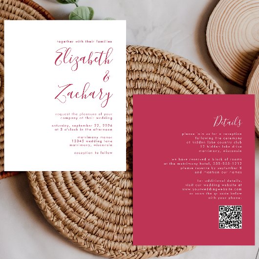 Budget Magenta Script QR Code Wedding Einladung