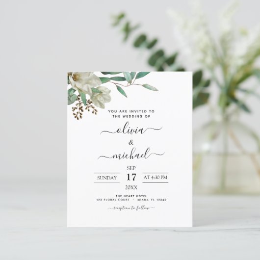 Budget Magnolia Eucalyptus Wedding Einladung (Stehend Vorderseite)